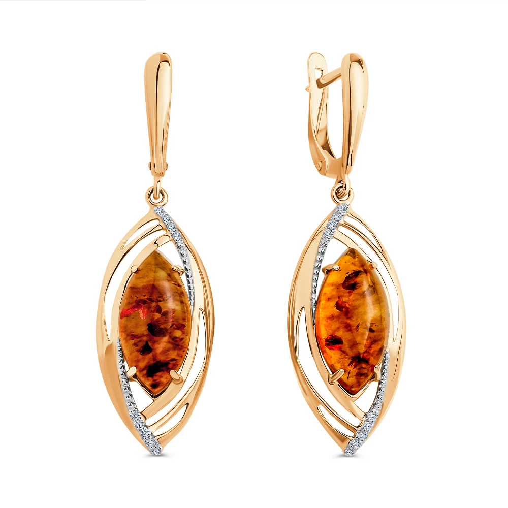 Серьги с янтарем и фианитами из красного золота 585 пробы