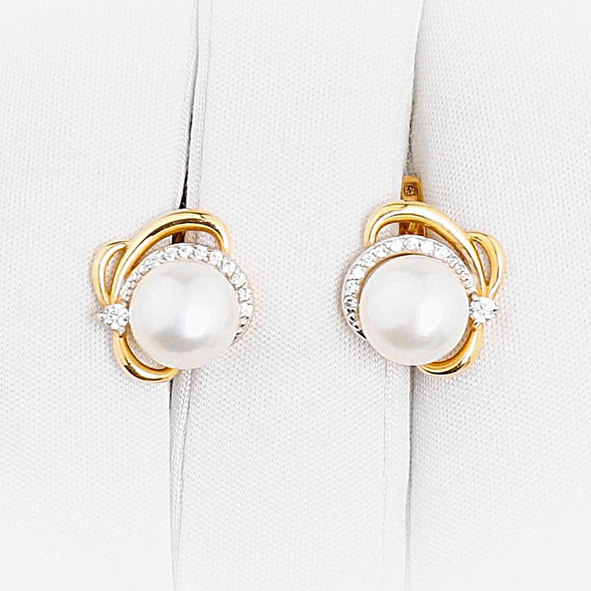 Серьги с культивированным жемчугом и фианитами из красного золота 585 пробы 1