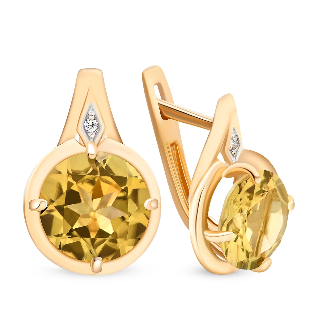 Серьги с цитринами и фианитами из красного золота 585 пробы Серьги с цитринами и фианитами из красного золота 585 пробы