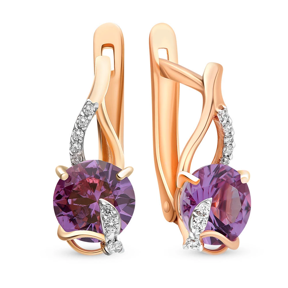 Серьги с александритом синтетическим и фианитами из красного золота 585 пробы Серьги с александритом синтетическим и фианитами из красного золота 585 пробы