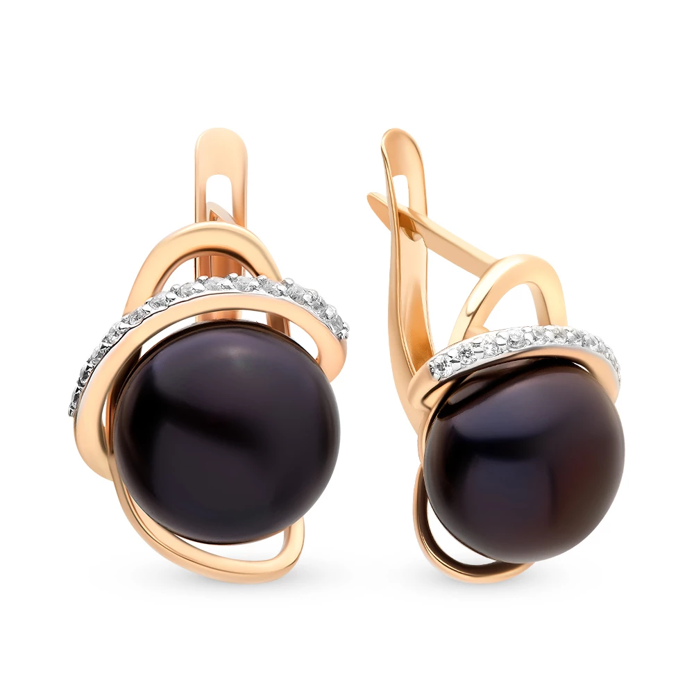 Серьги с культивированным жемчугом и фианитами из красного золота 585 пробы
