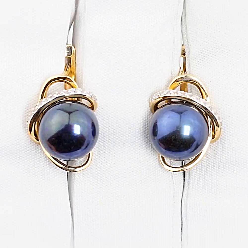 Серьги с культивированным жемчугом и фианитами из красного золота 585 пробы 1