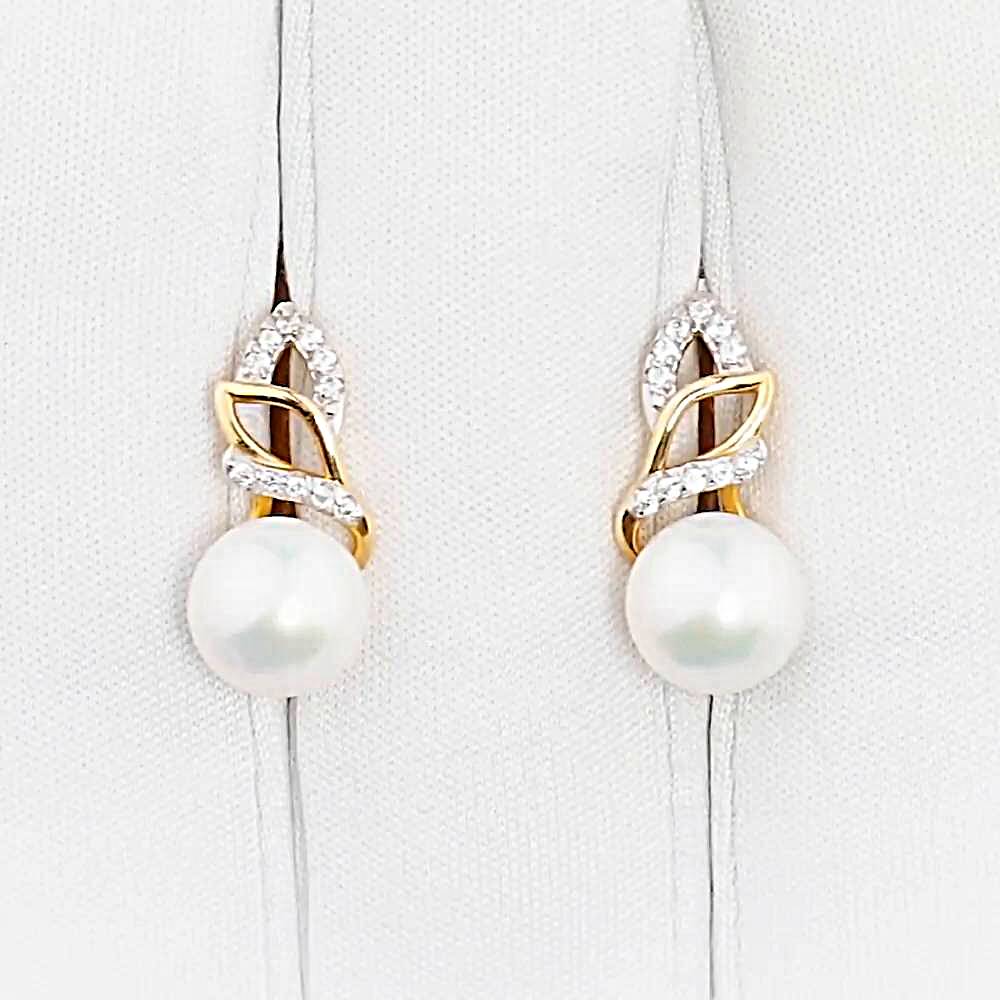 Серьги с культивированным жемчугом и фианитами из красного золота 585 пробы 1