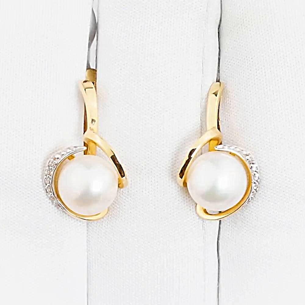 Серьги с культивированным жемчугом и фианитами из красного золота 585 пробы 1