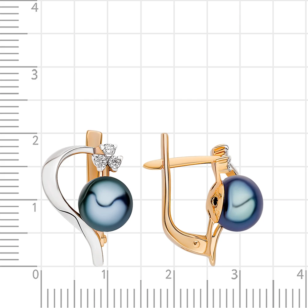 Серьги с культивированным жемчугом и фианитами из красного золота 585 пробы