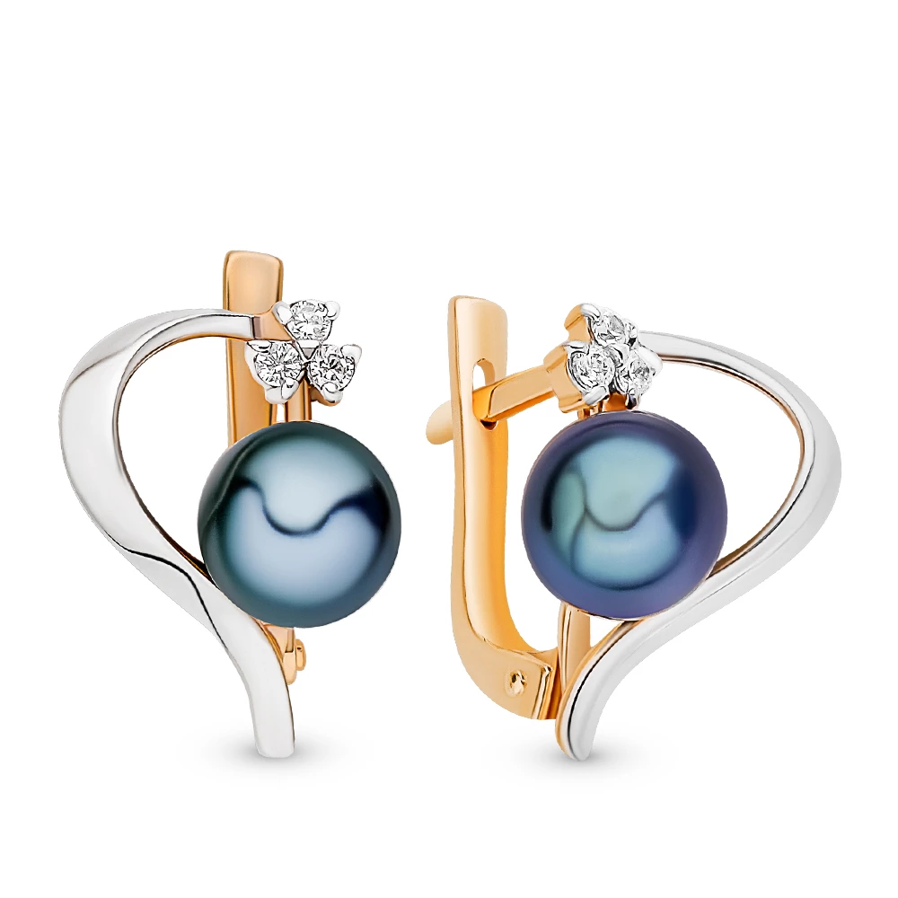 Серьги с культивированным жемчугом и фианитами из красного золота 585 пробы