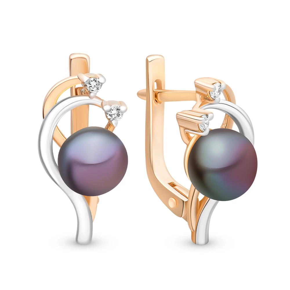 Серьги с культивированным жемчугом и фианитами из красного золота 585 пробы