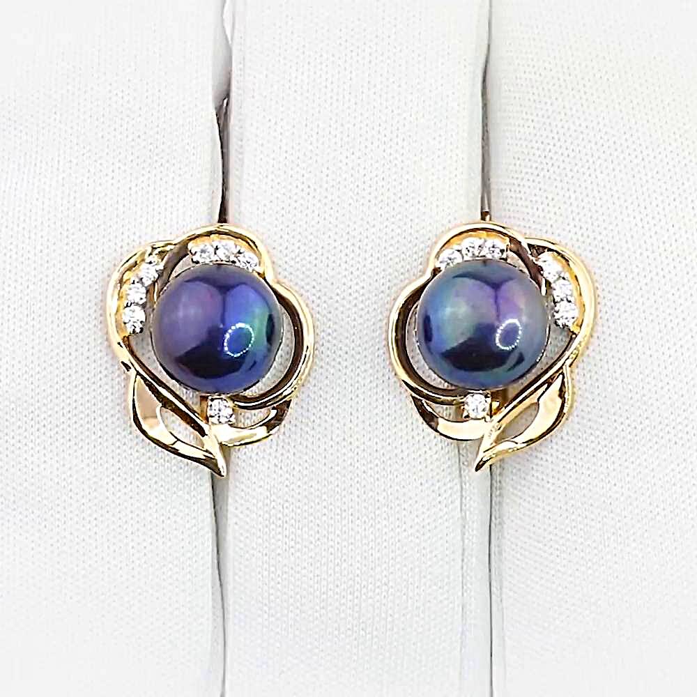 Серьги с культивированным жемчугом и фианитами из красного золота 585 пробы 1