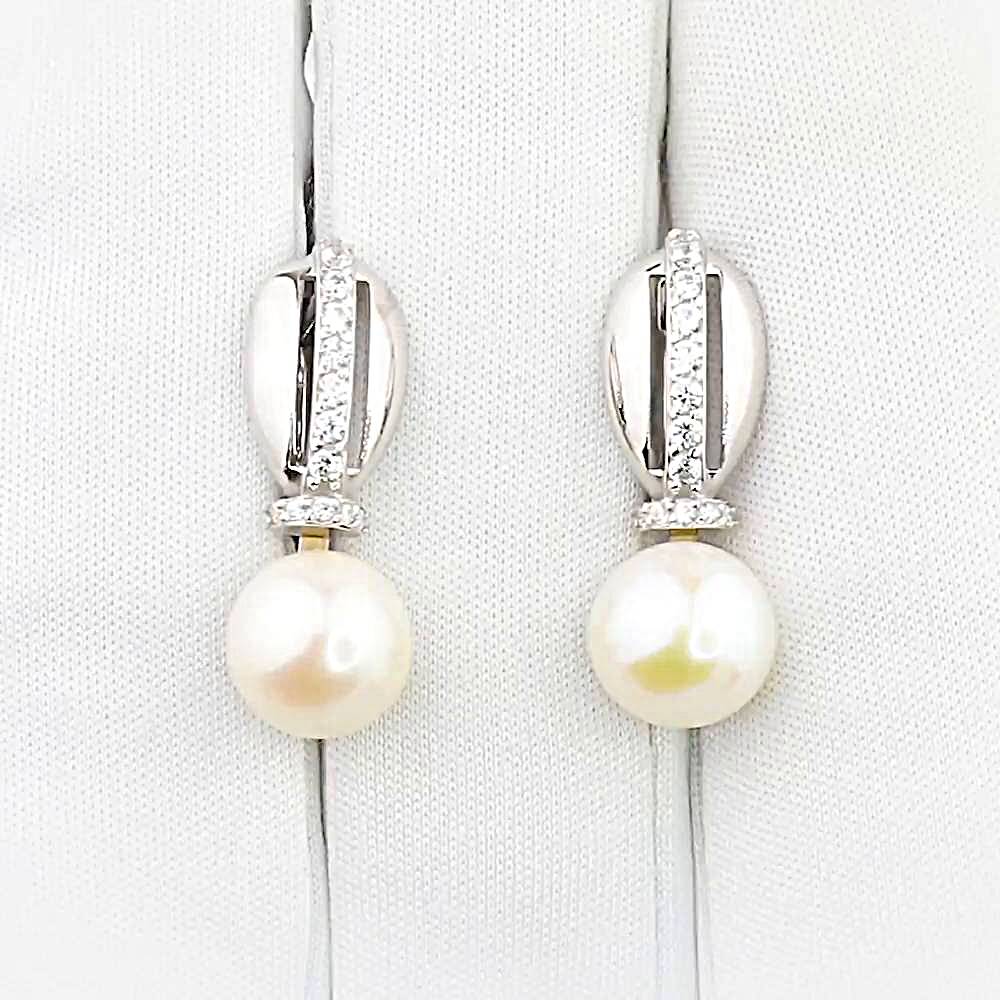 Серьги с культивированным жемчугом и фианитами из белого золота 585 пробы 1