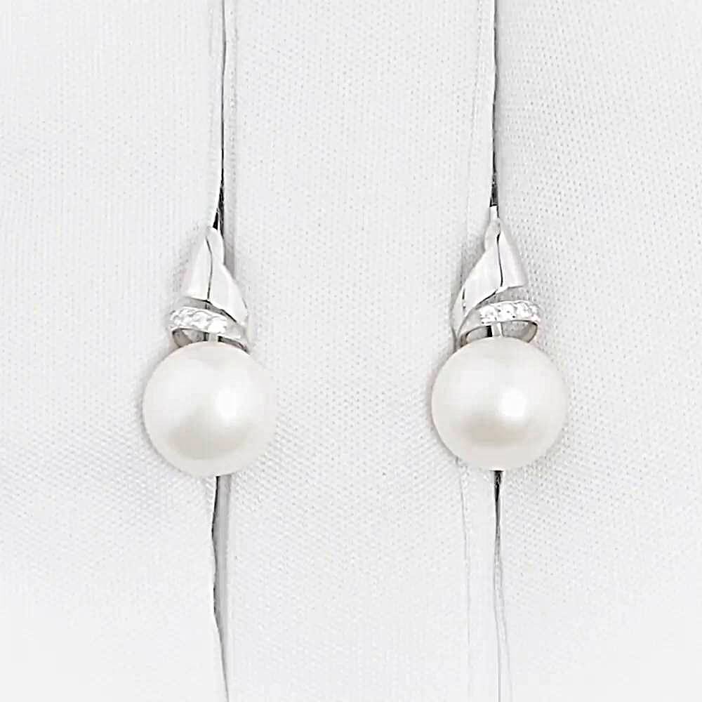 Серьги с культивированным жемчугом и фианитами из белого золота 585 пробы 1