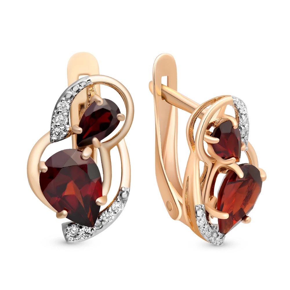 Серьги с гранатами и фианитами из красного золота 585 пробы