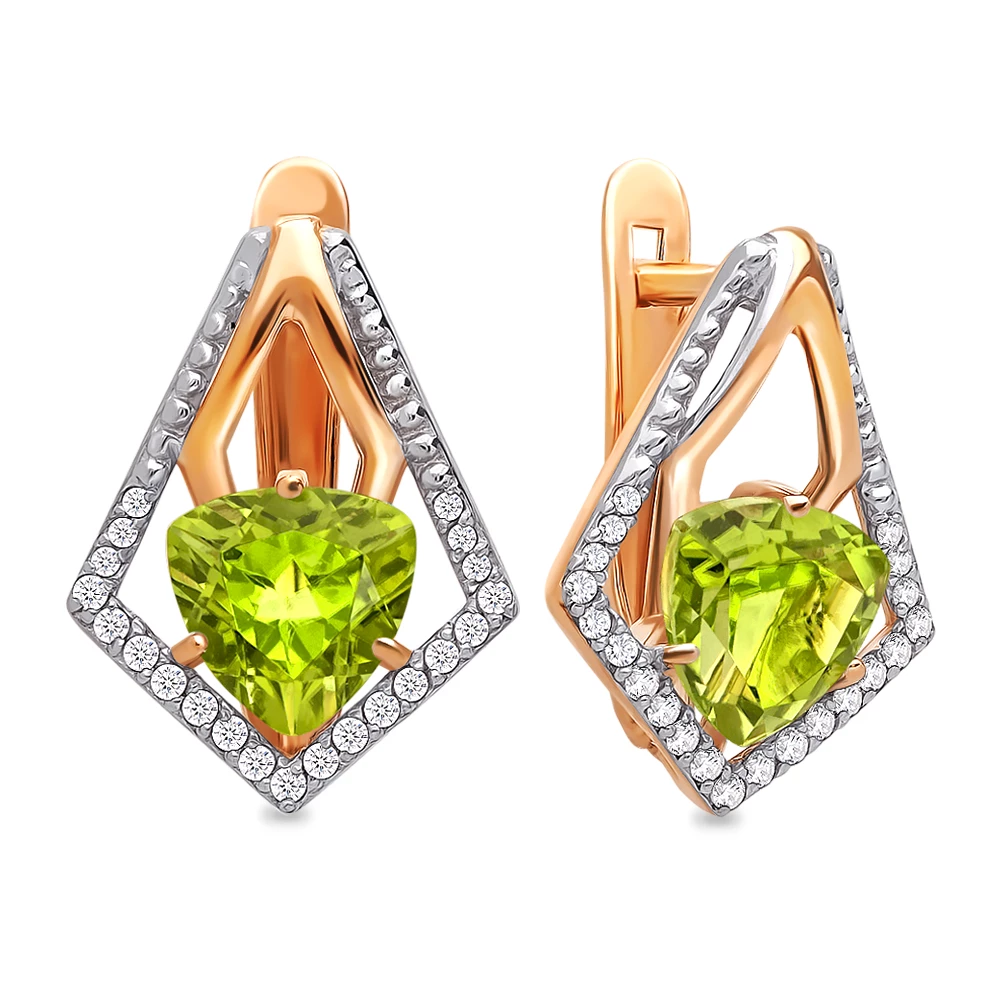 Серьги с хризолитами и фианитами из красного золота 585 пробы