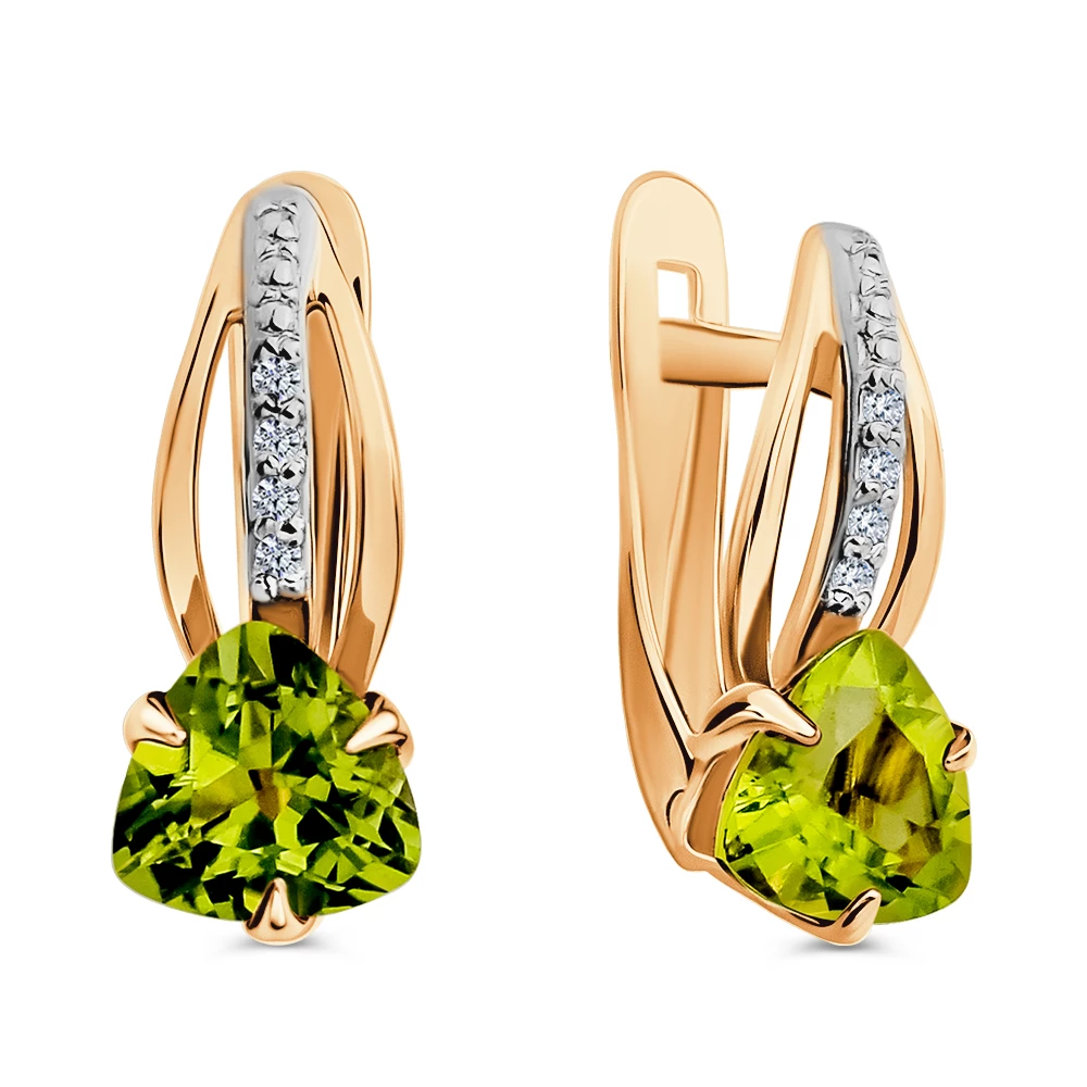 Серьги с хризолитами и фианитами из красного золота 585 пробы