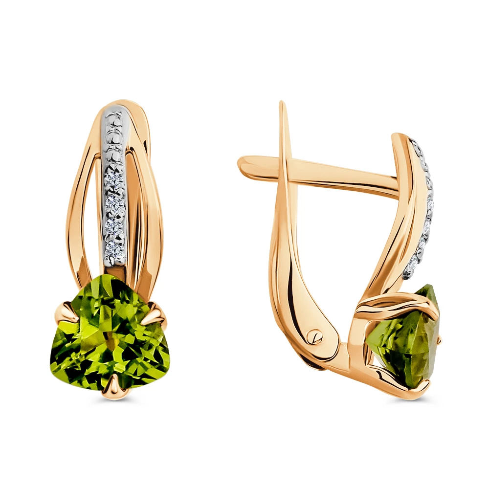 Серьги с хризолитами и фианитами из красного золота 585 пробы