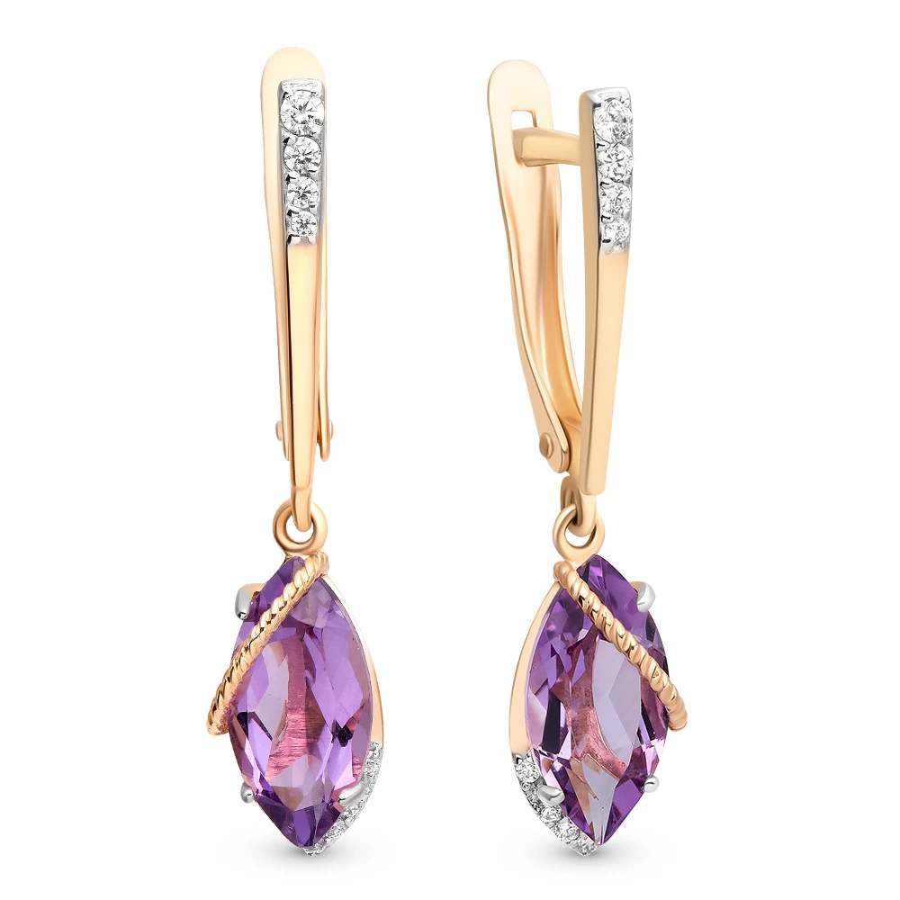 Серьги с аметистами и фианитами из красного золота 585 пробы