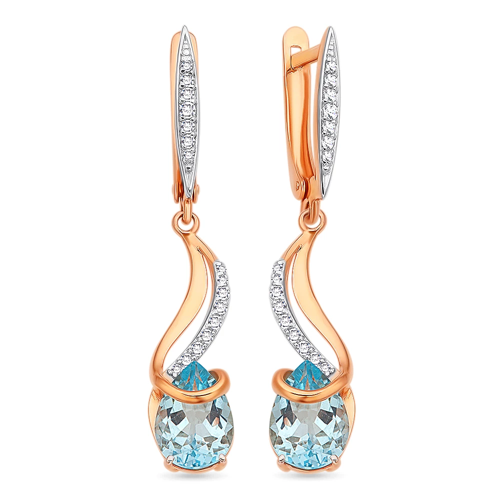 Серьги с топазами и фианитами из красного золота 585 пробы