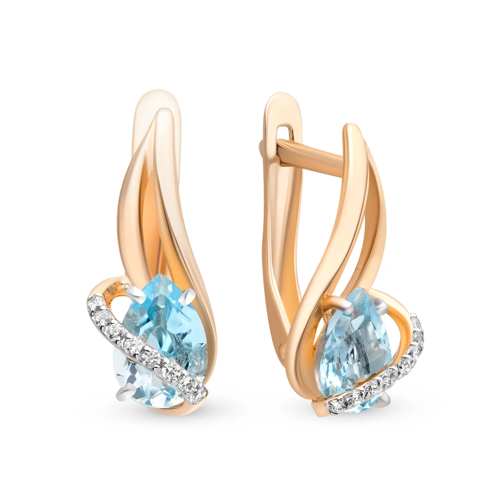 Серьги с топазами и фианитами из красного золота 585 пробы