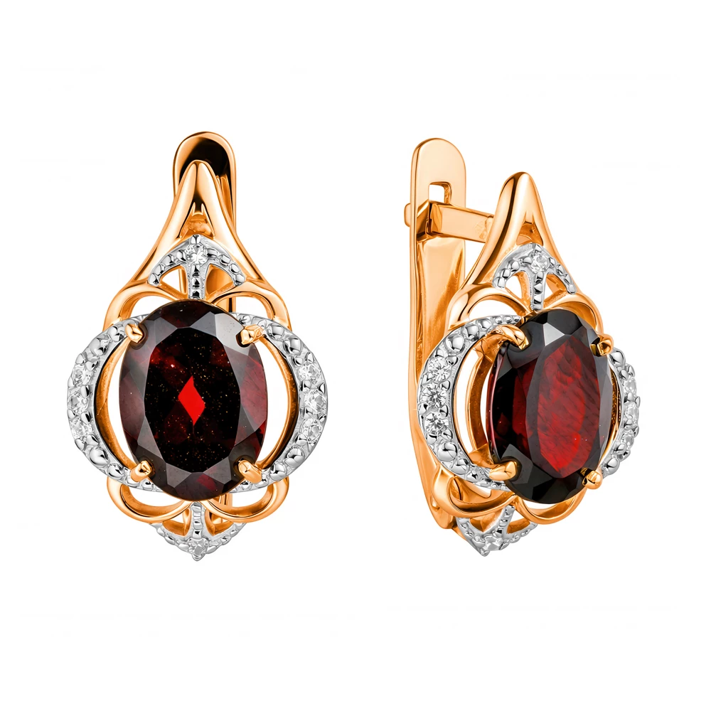 Серьги с гранатами и фианитами из красного золота 585 пробы
