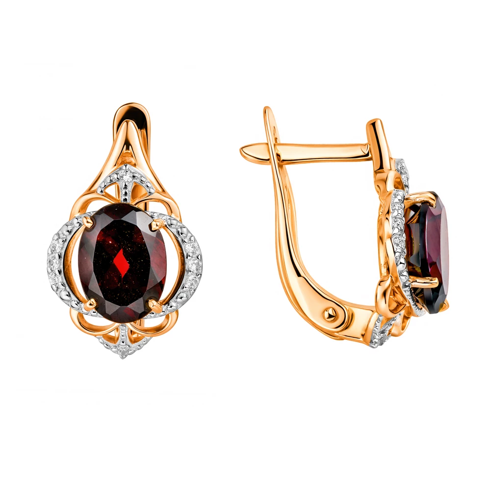 Серьги с гранатами и фианитами из красного золота 585 пробы