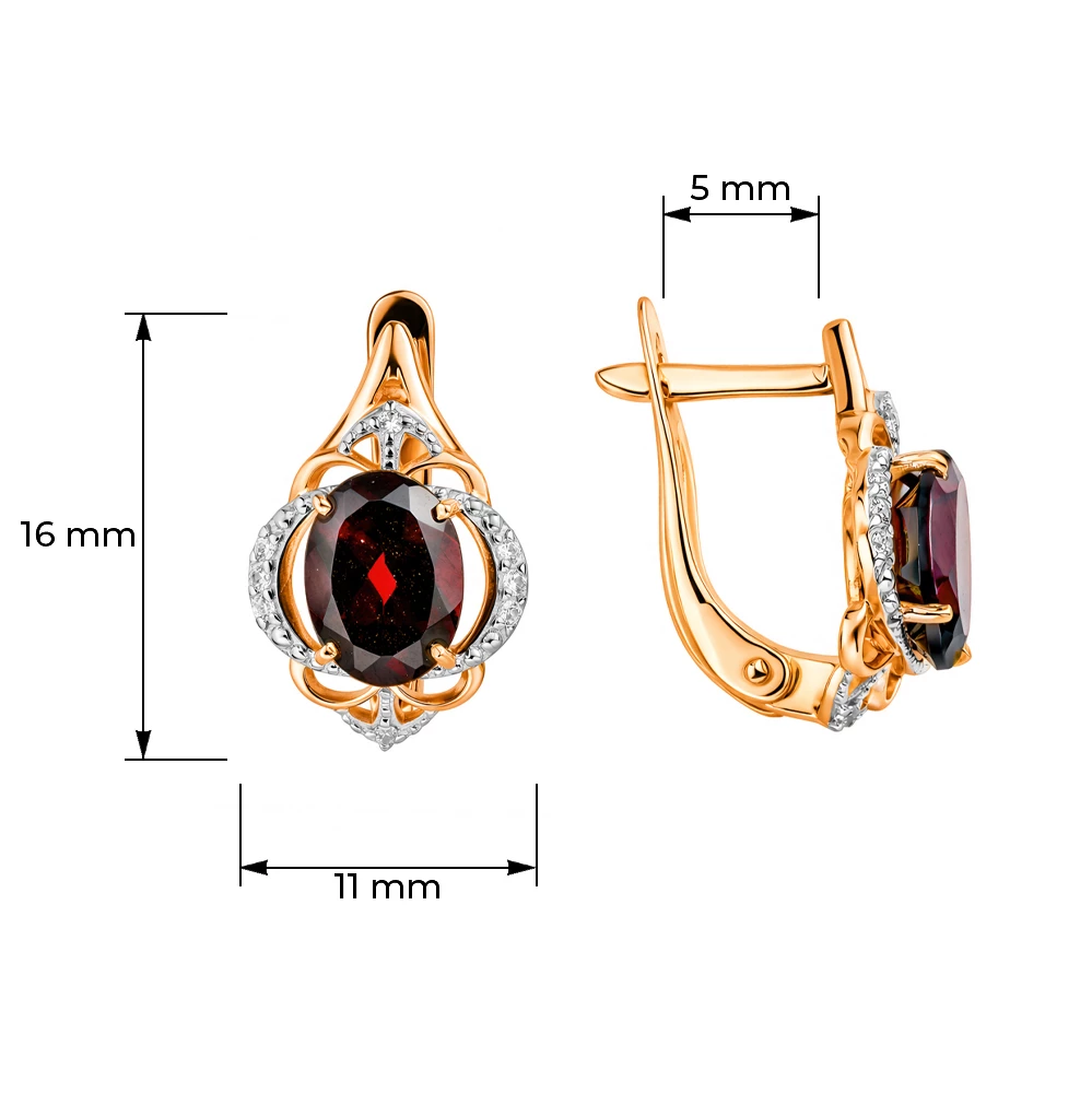 Серьги с гранатами и фианитами из красного золота 585 пробы