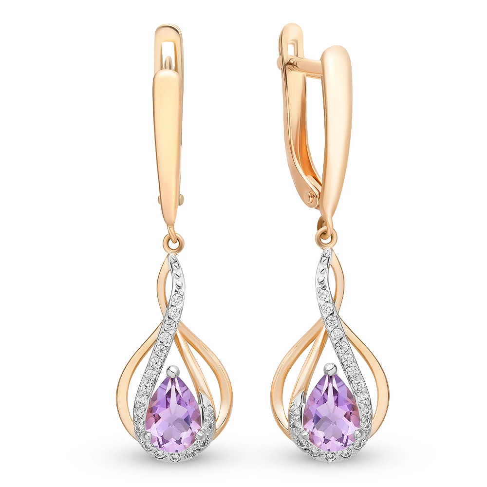 Серьги с аметистами и фианитами из красного золота 585 пробы 1