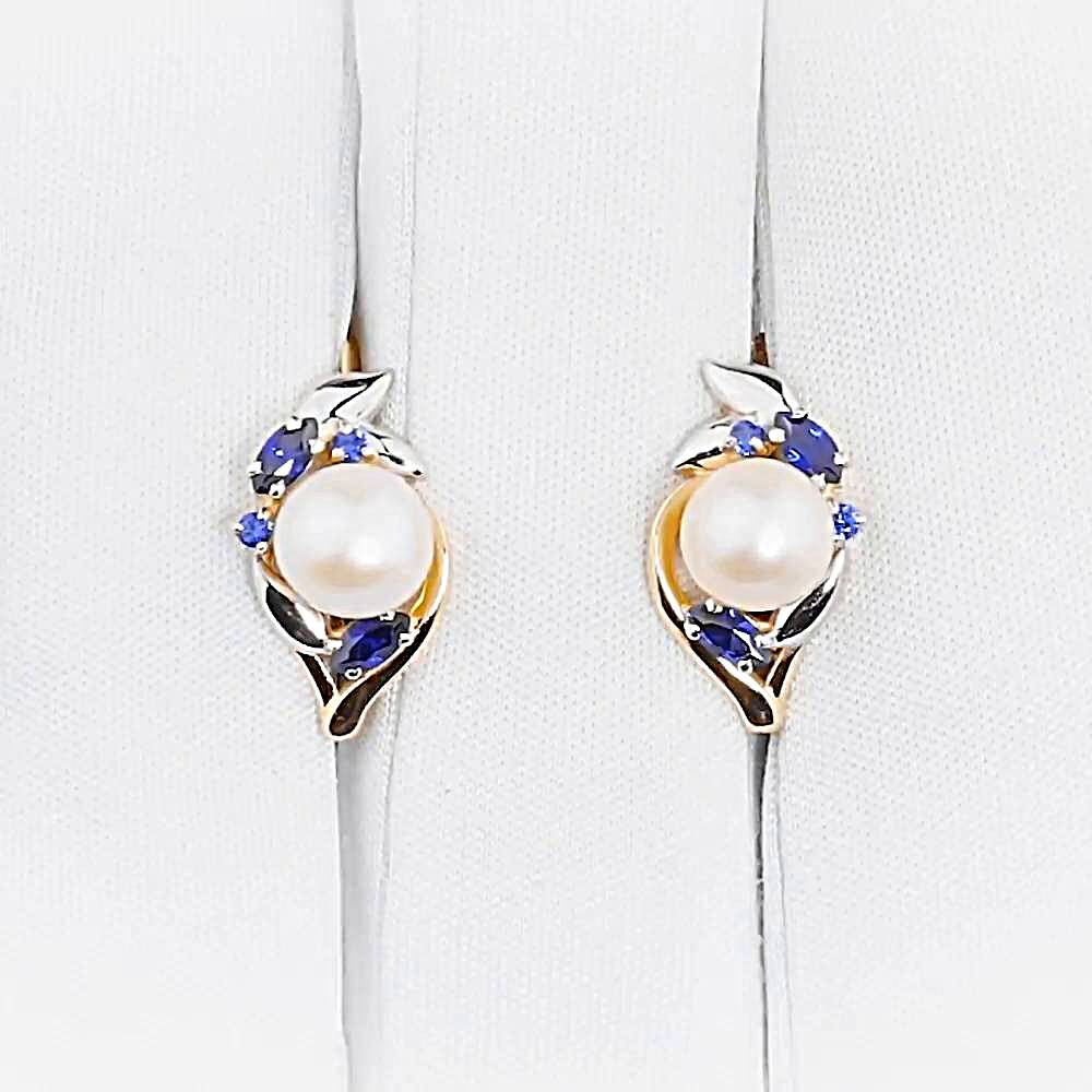 Серьги с культивированным жемчугом и сапфирами из красного золота 585 пробы 1