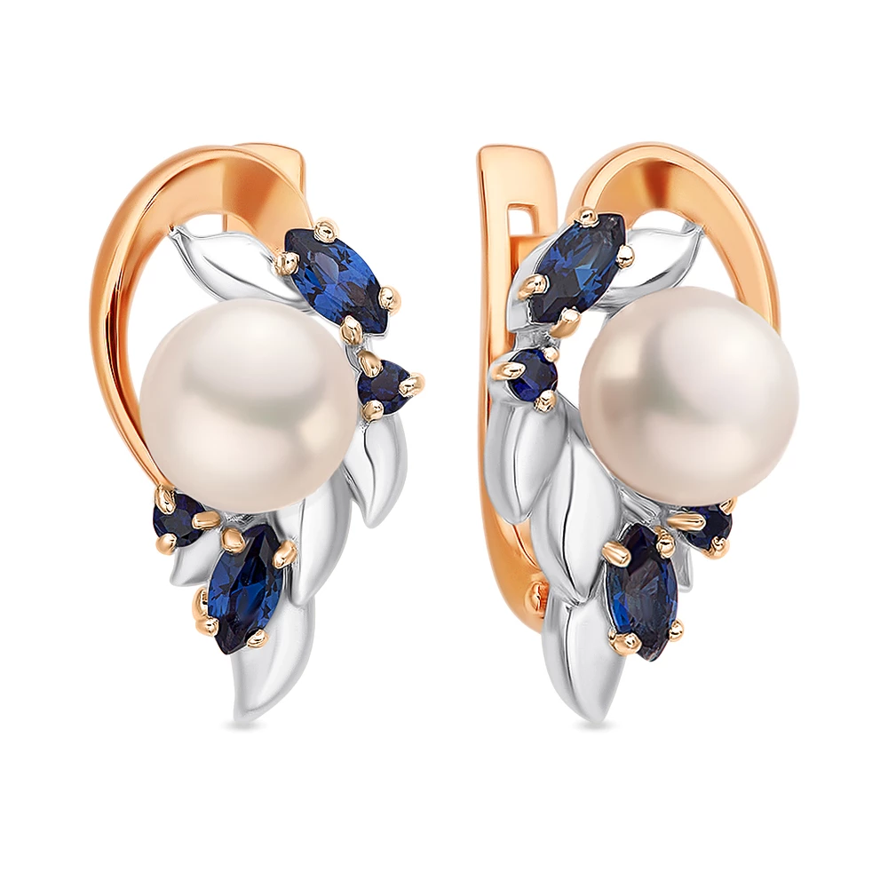 Серьги с культивированным жемчугом и сапфирами из красного золота 585 пробы
