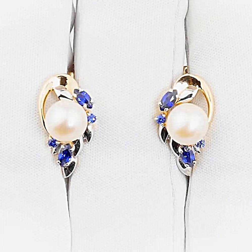 Серьги с культивированным жемчугом и сапфирами из красного золота 585 пробы 1