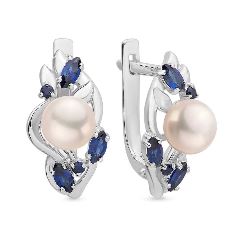 Серьги с культивированным жемчугом и сапфирами из белого золота 585 пробы