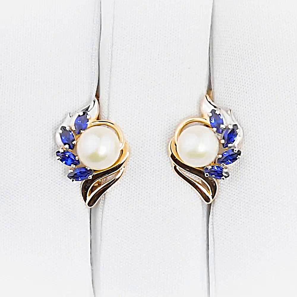 Серьги с культивированным жемчугом и сапфирами из красного золота 585 пробы 1