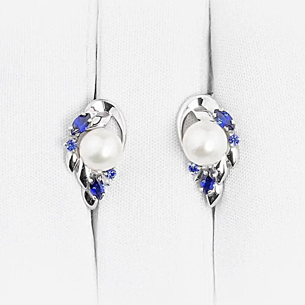 Серьги с культивированным жемчугом и сапфирами из белого золота 585 пробы 1