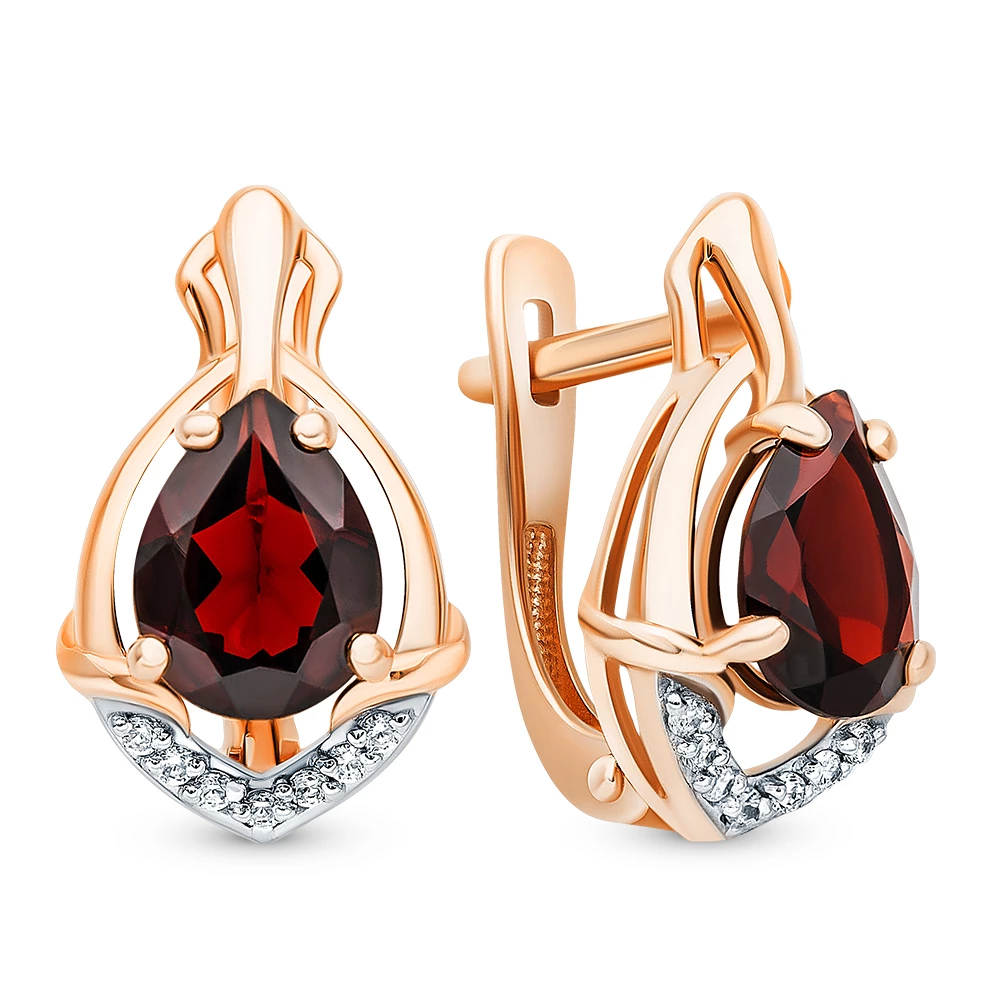 Серьги с гранатами и фианитами из красного золота 585 пробы