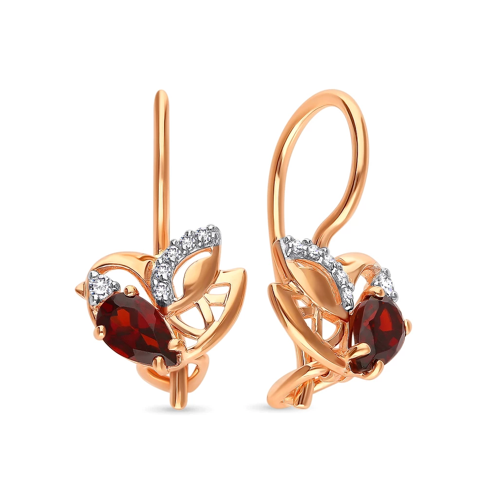 Серьги  Голубь с гранатами и фианитами из красного золота 585 пробы