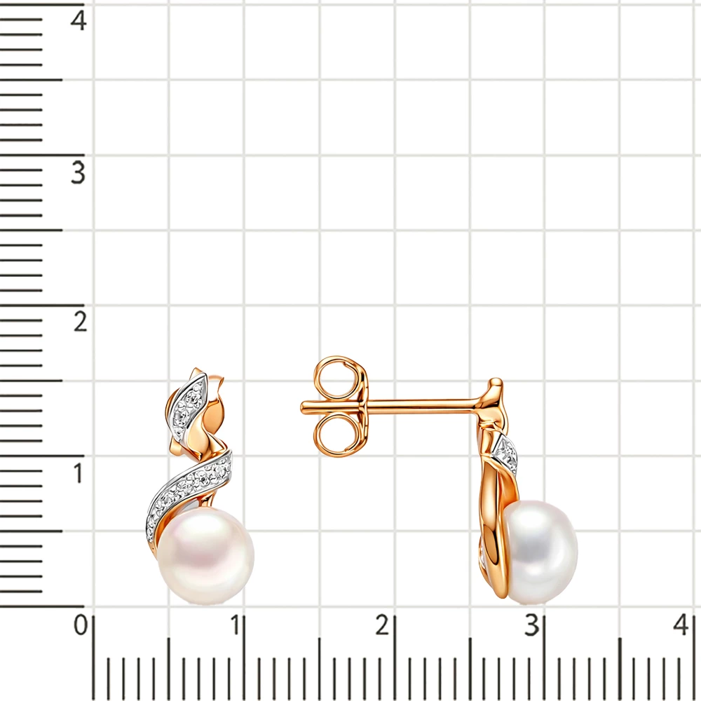Серьги с культивированным жемчугом и фианитами из красного золота 375 пробы Серьги с культивированным жемчугом и фианитами из красного золота 375 пробы