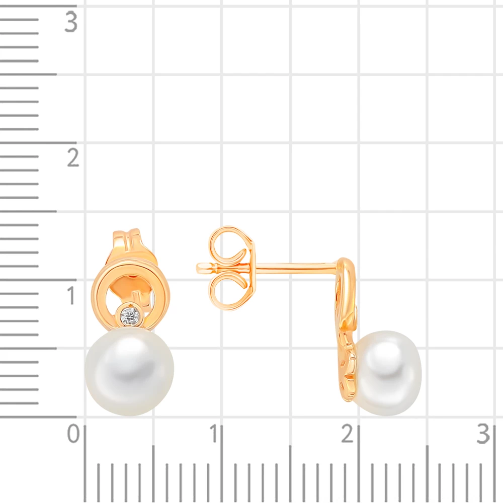 Серьги с культивированным жемчугом и фианитами из красного золота 375 пробы 2