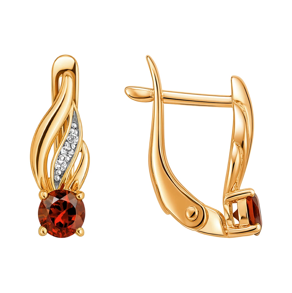 Серьги с гранатами и фианитами из красного золота 585 пробы