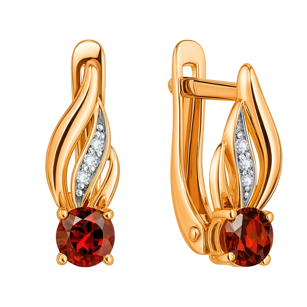 Серьги с гранатами и фианитами из красного золота 585 пробы