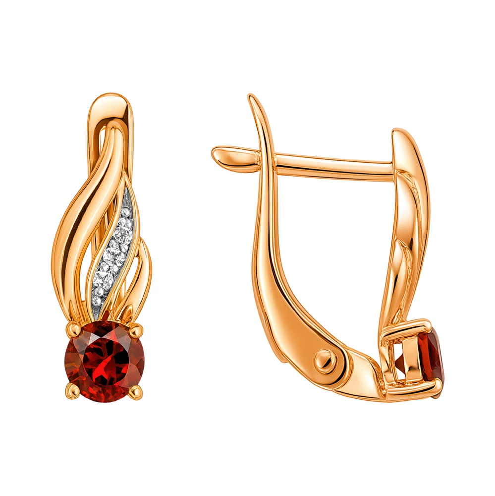 Серьги с гранатами и фианитами из красного золота 585 пробы Серьги с гранатами и фианитами из красного золота 585 пробы