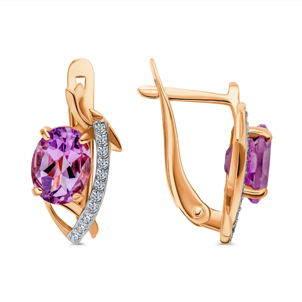 Серьги с аметистами и фианитами из красного золота 585 пробы 2