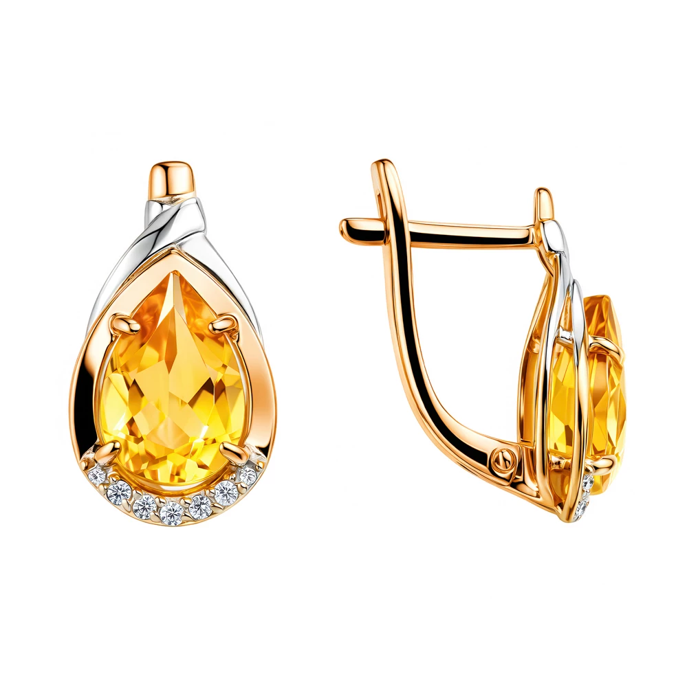 Серьги с цитринами и фианитами из красного золота 585 пробы