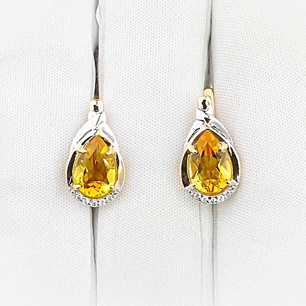 Серьги с цитринами и фианитами из красного золота 585 пробы