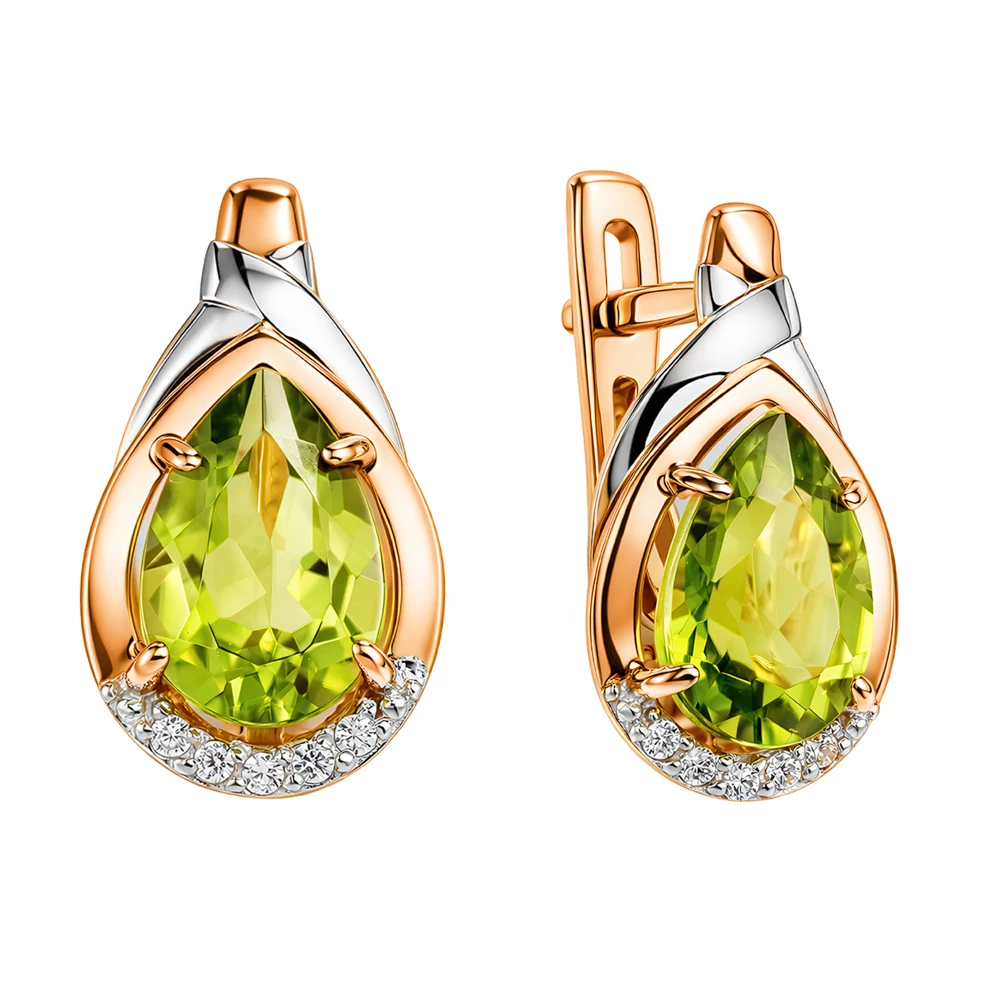 Серьги с хризолитами и фианитами из красного золота 585 пробы