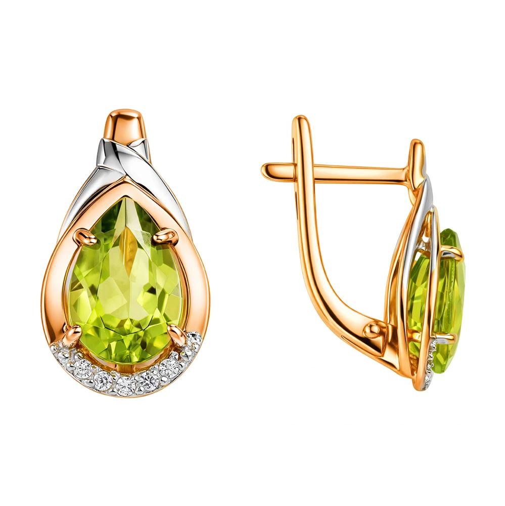 Серьги с хризолитами и фианитами из красного золота 585 пробы