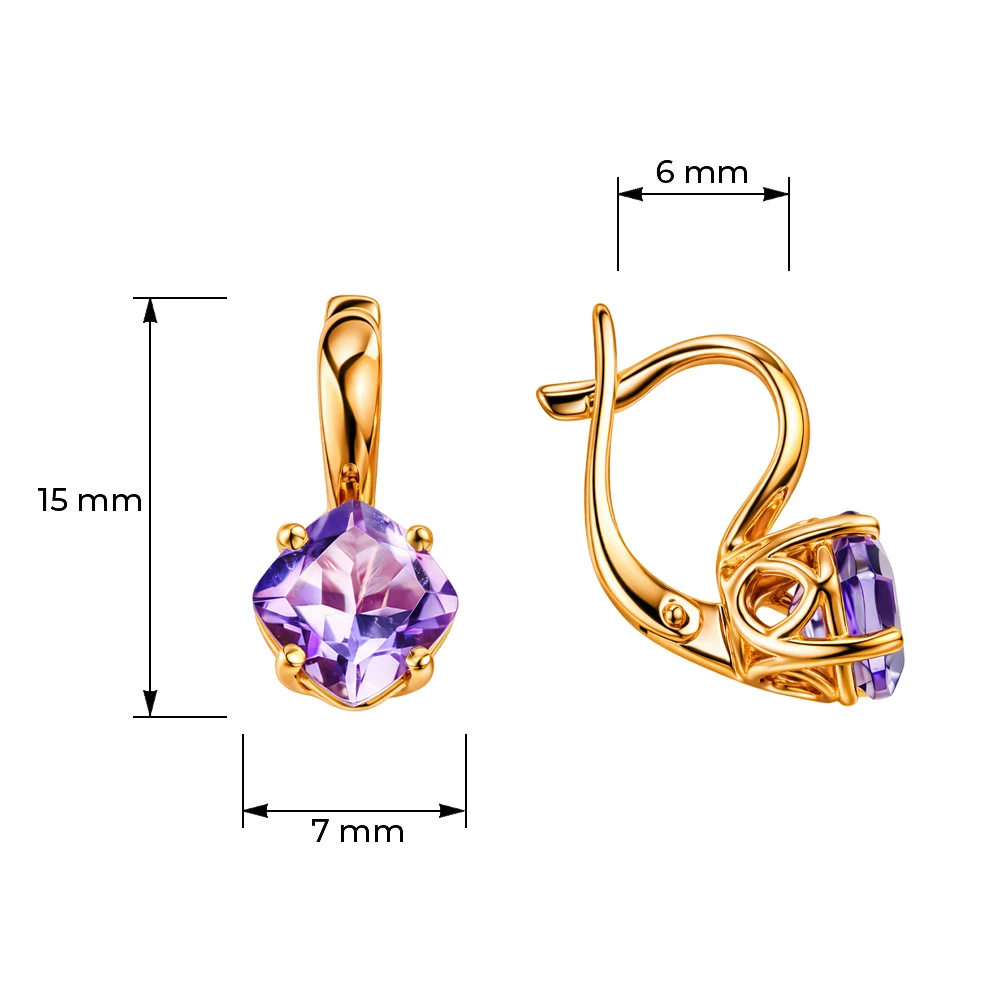 Серьги с аметистами из красного золота 585 пробы