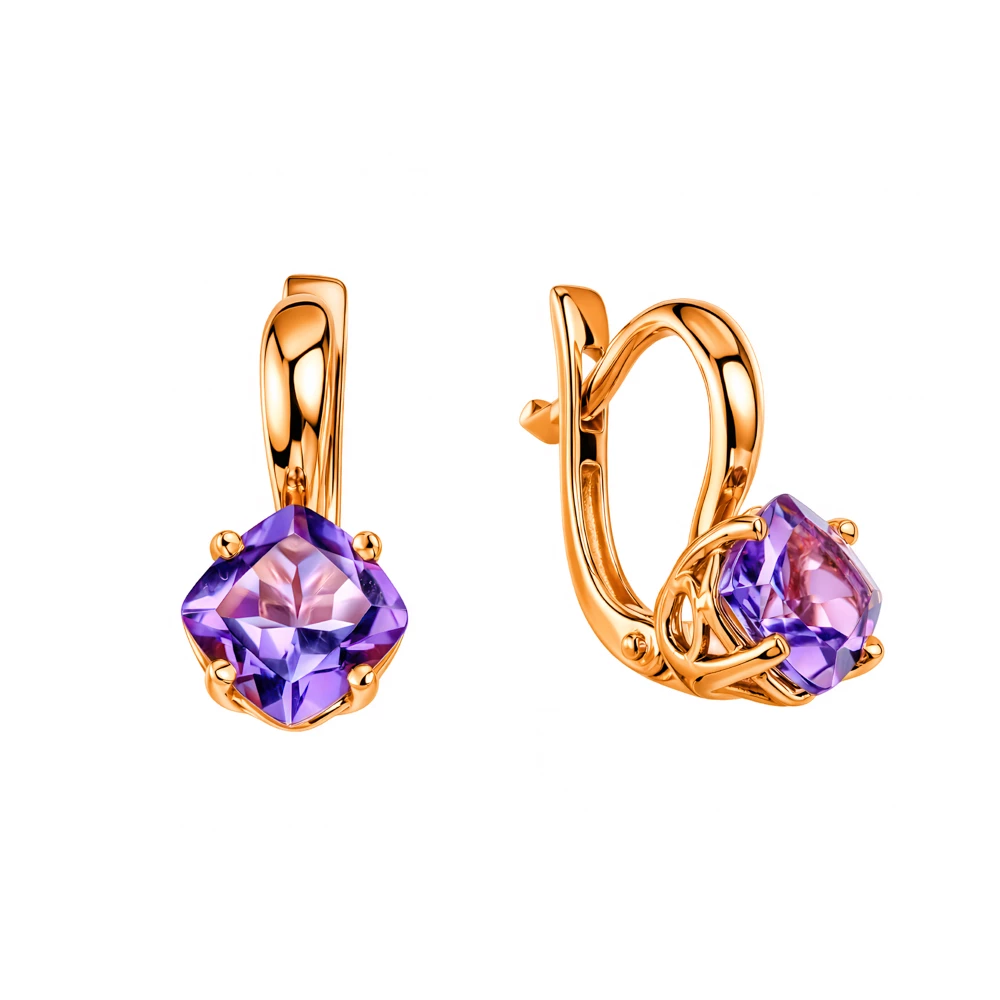 Серьги с аметистами из красного золота 585 пробы