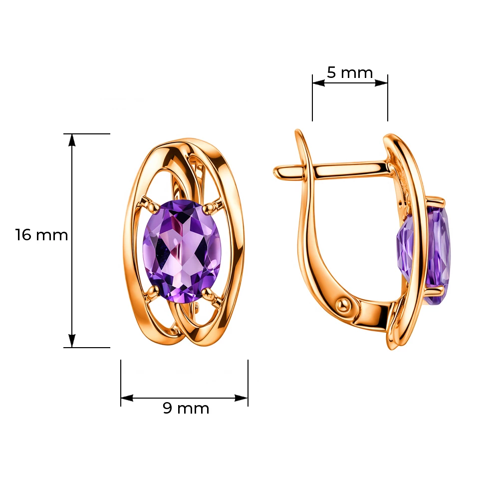 Серьги с аметистами из красного золота 585 пробы
