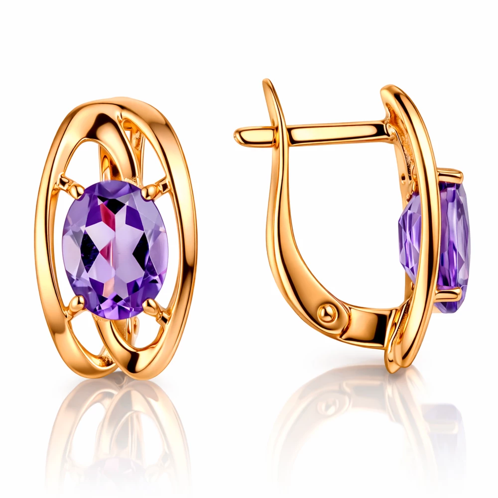 Серьги с аметистами из красного золота 585 пробы