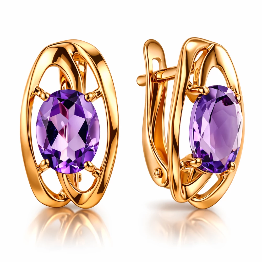 Серьги с аметистами из красного золота 585 пробы
