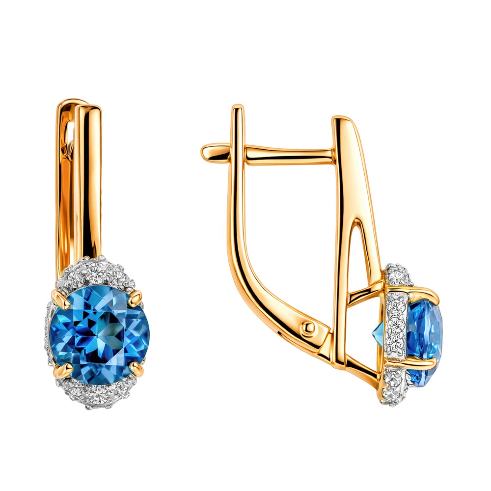 Серьги с топазом лондон и фианитами из красного золота 585 пробы