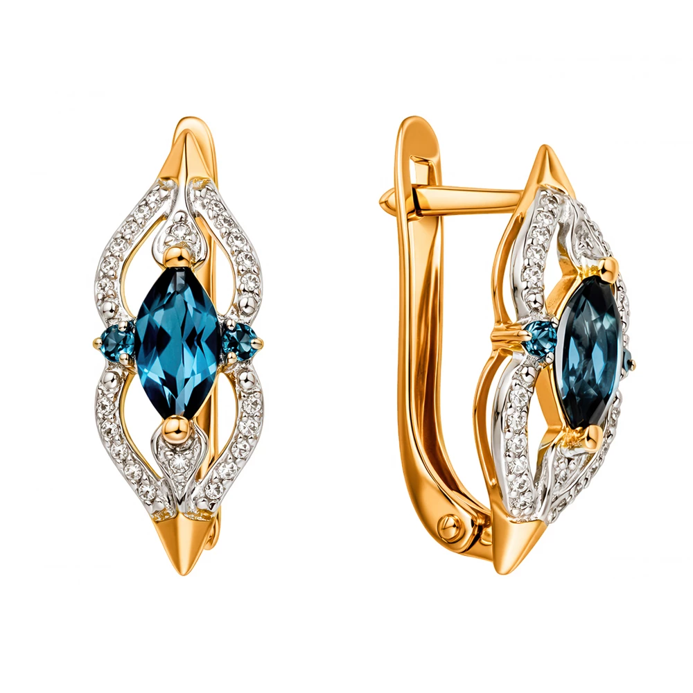 Серьги с топазом лондон и фианитами из красного золота 585 пробы